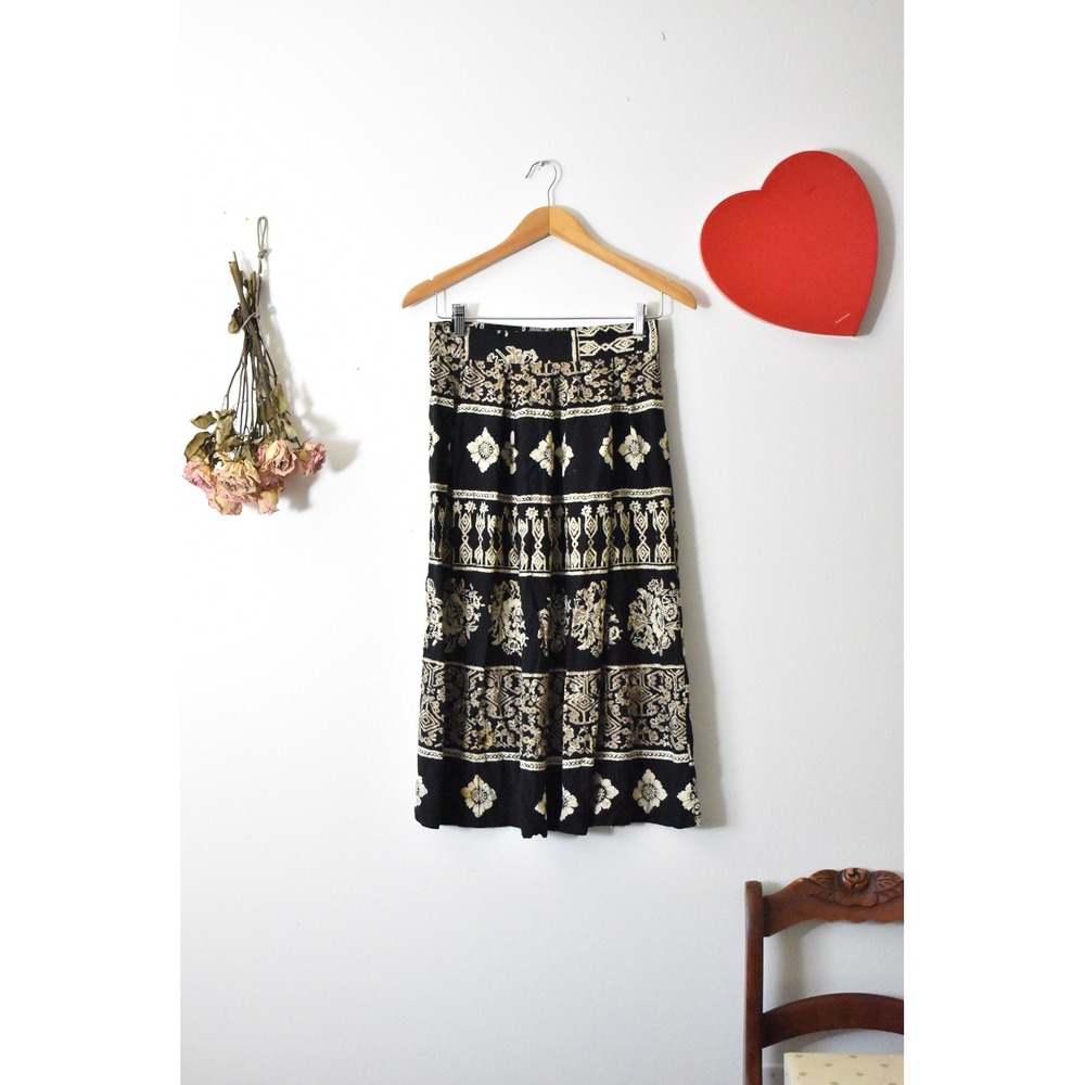 Vintage Hot Stuff Midi Skirt Black Tan Rayon Block Print Made in USA 90s y2k